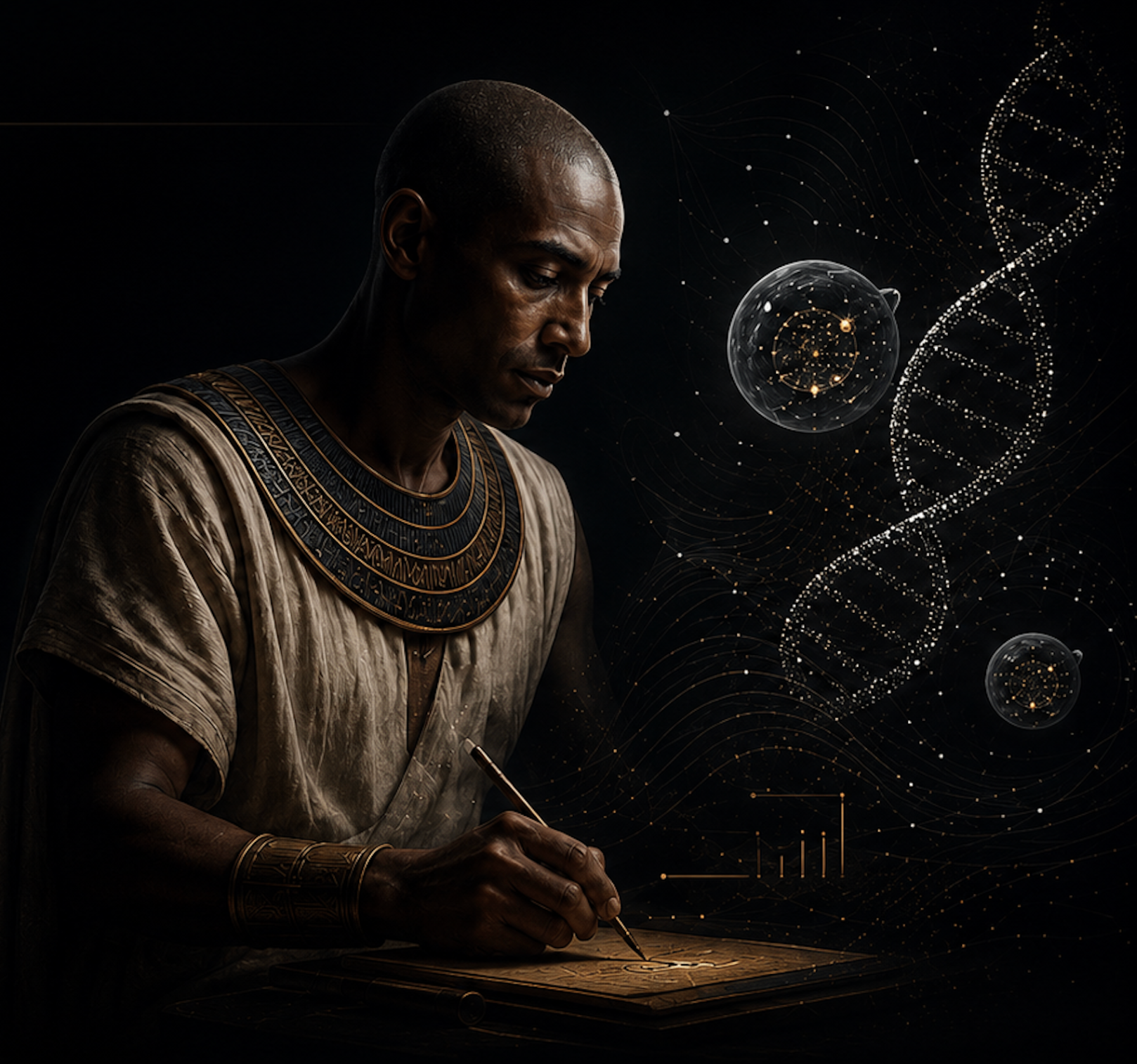 Imhotep, ancient physician, inscribing hieroglyphs beside a luminous DNA helix